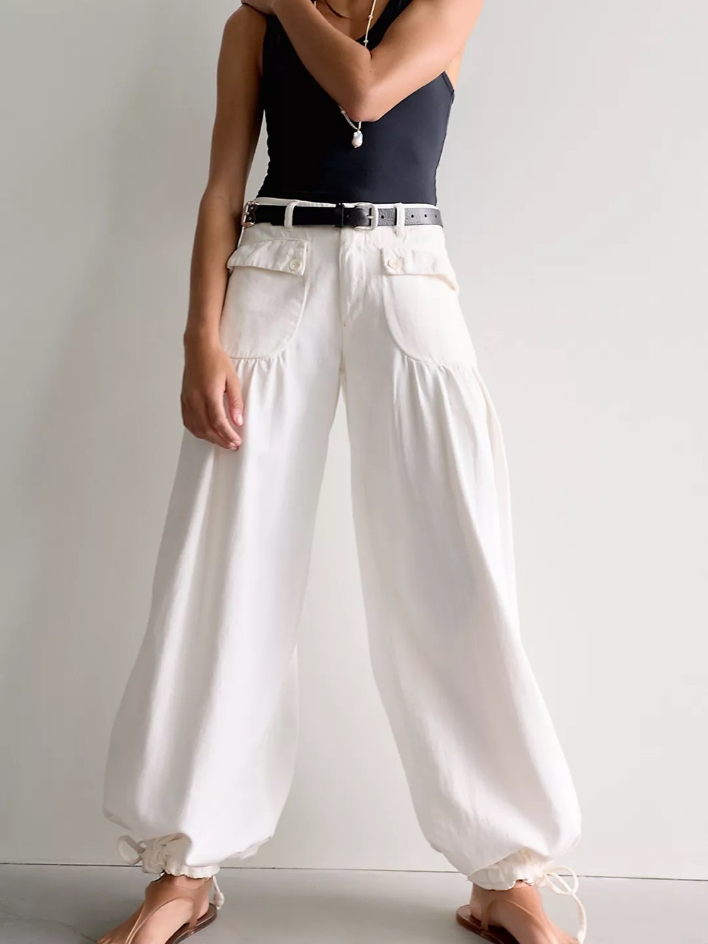 Free People White Wide-Leg Drawstring Hem Pants